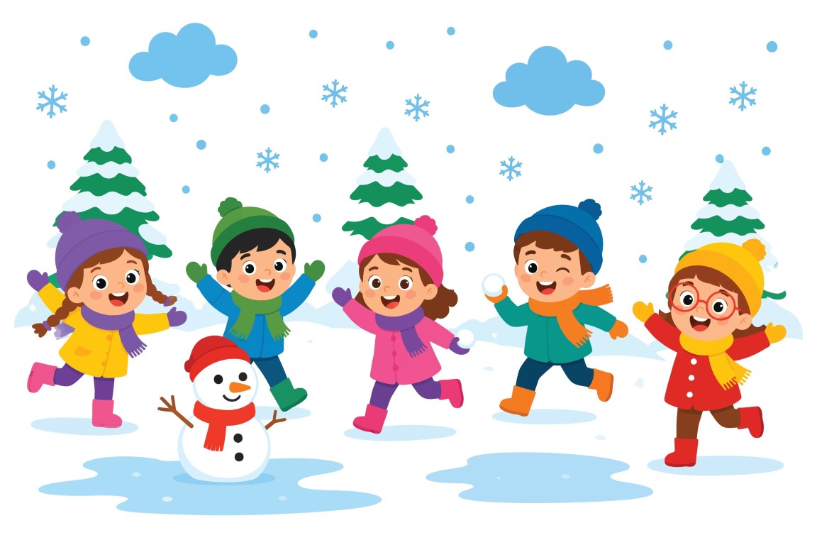 Joyful group of young children playing in the snow and building a snowman.
