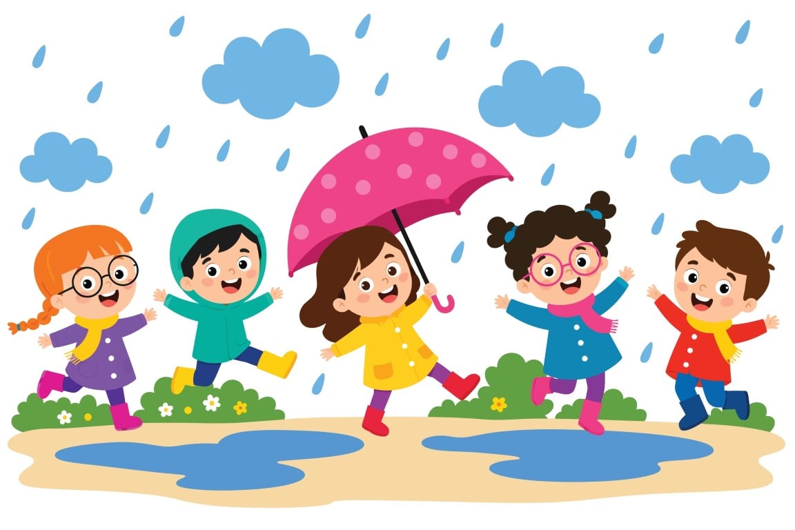 Happy group of young friends jumping playfully inside water puddles during rain.