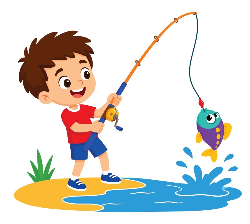 Young boy successfully catching a colorful fish with rod near water edge.