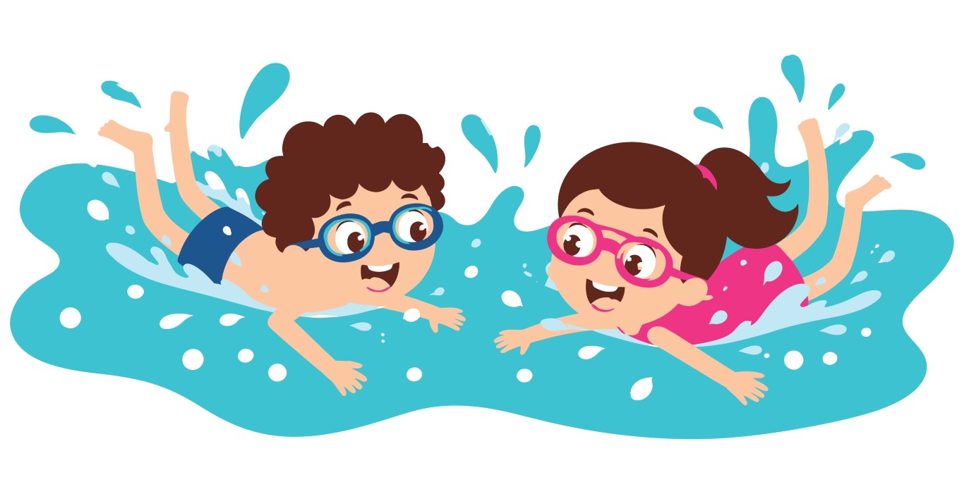 Cheerful boy and girl swimming and splashing water inside a pool.