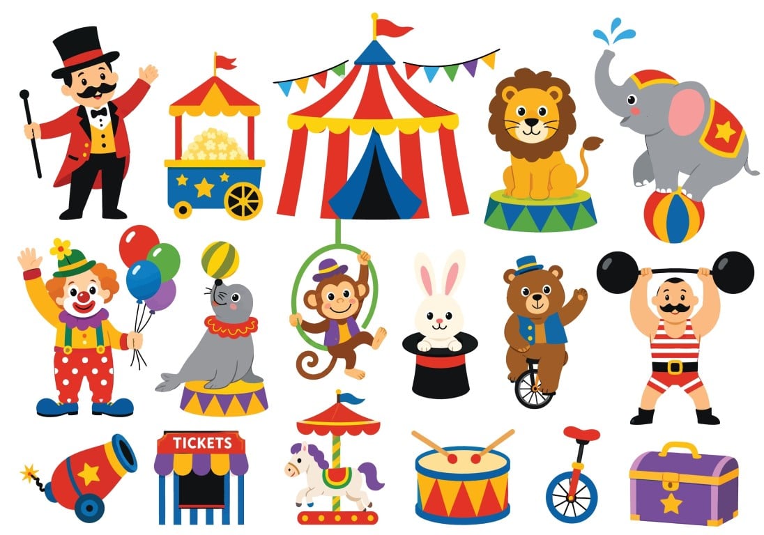 Vintage circus performance elements and cute artist characters set.
