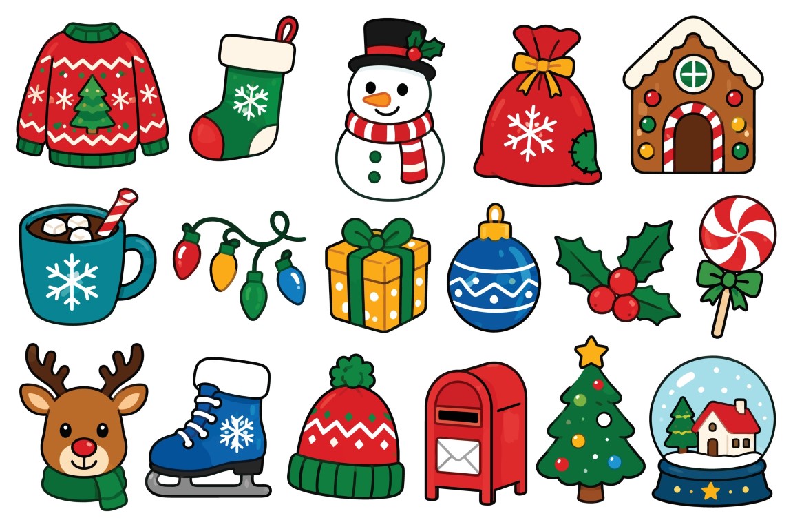 Christmas winter holiday elements and festive decorations set.