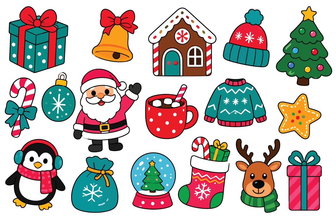Christmas holiday elements and winter celebration stickers.