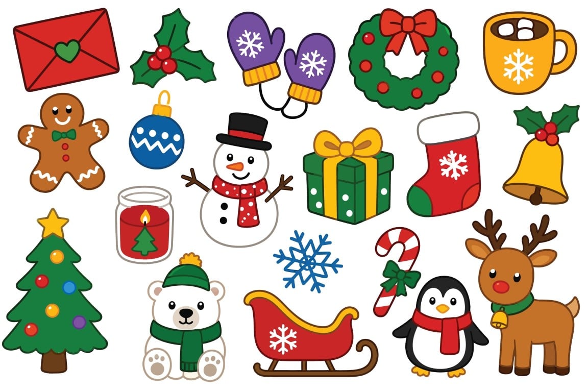 Traditional Christmas and winter season celebratory decorative objects elements collection.