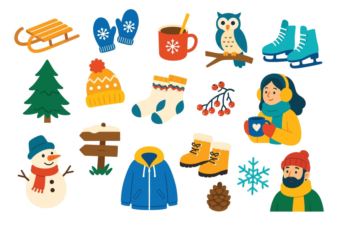Winter clothing elements and cozy seasonal objects flat icon set.