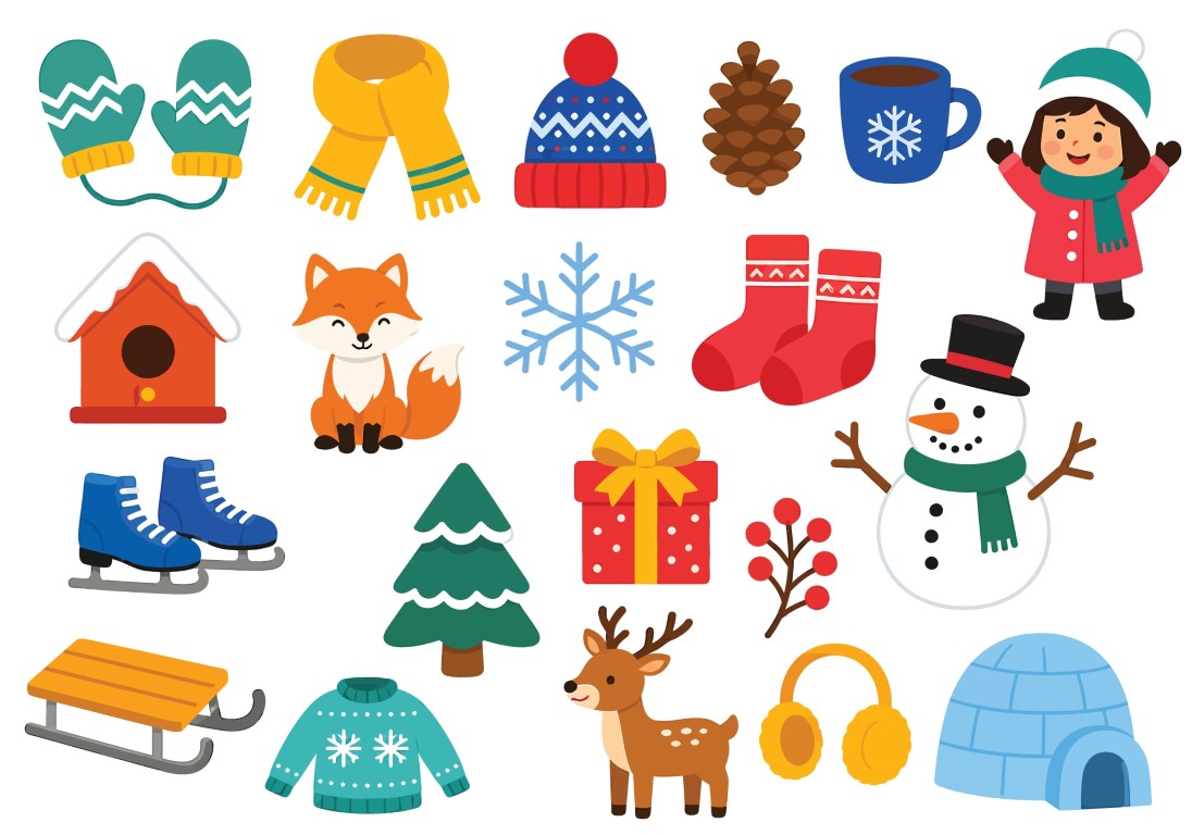 Winter clothing accessories and outdoor activities items set.