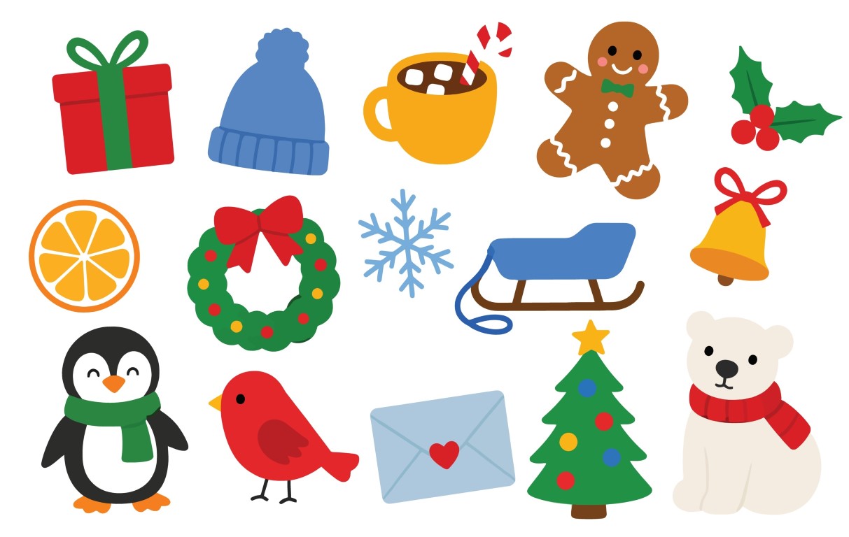 Cute christmas holiday elements and winter season symbols pack.