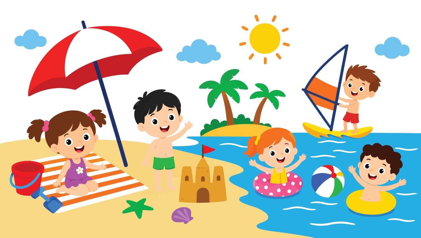 Sunny summer beach resort scenery with toddlers swimming building sandcastle and windsurfing.