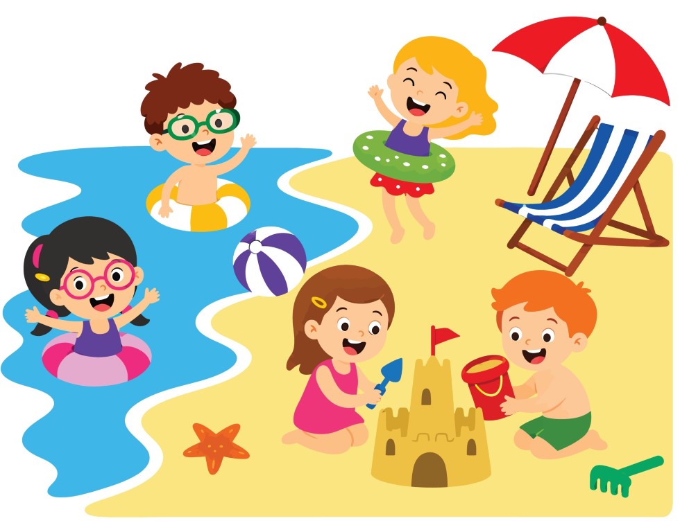 Happy children playing with sand and swimming on a sunny tropical beach.