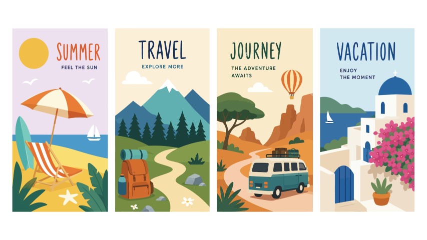Summer vacation and travel adventure concept posters.