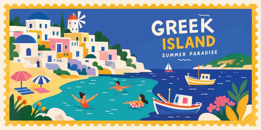 Greek island summer paradise travel postcard.