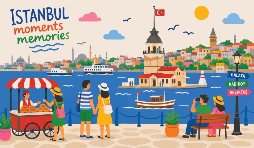 Istanbul travel and landmarks city cartoon illustration.