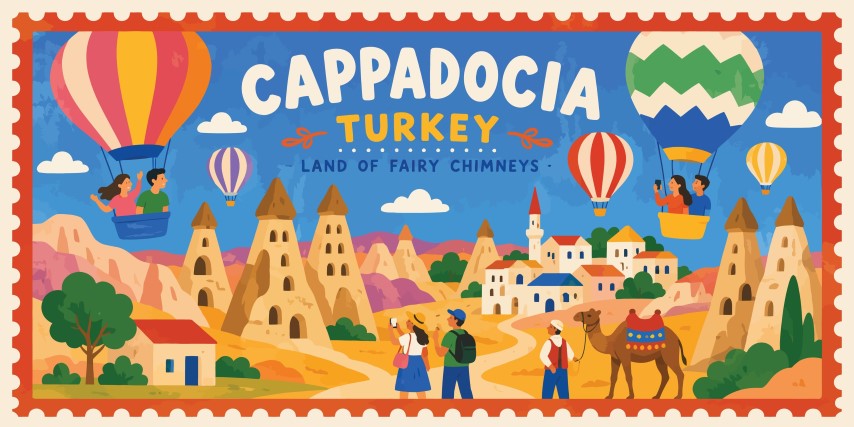 Cappadocia Turkey tourism and travel illustration.