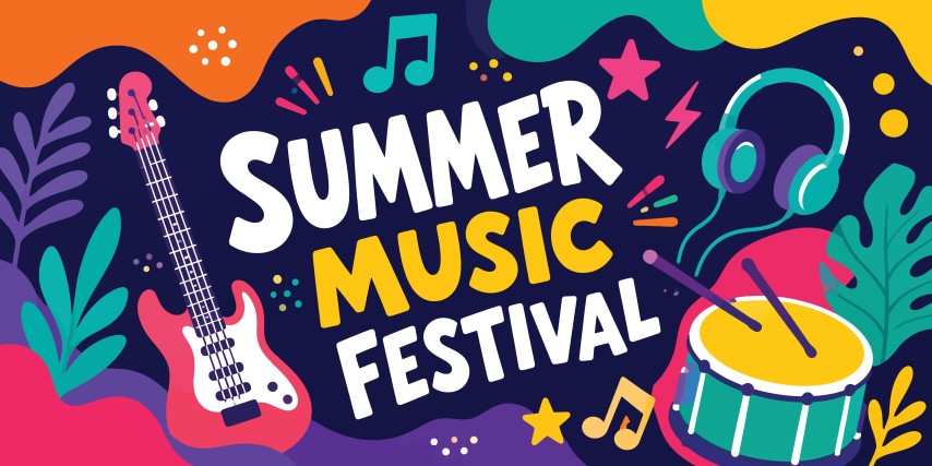 Summer music festival poster with guitar, headphones, and drum.