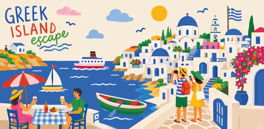 Travel illustration of a scenic greek island coastal town.