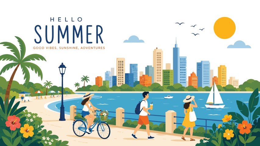 Summer cityscape scene at the beach.