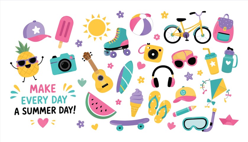Summer day vacation icons set.