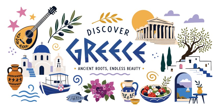 Discover Greece historical and travel icons set.