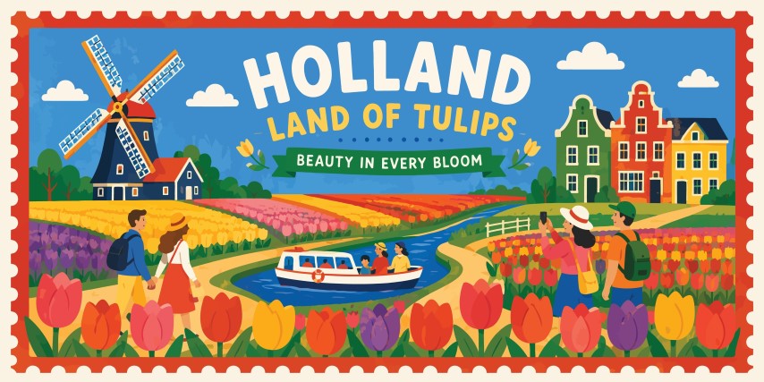 Holland tulip fields landscape with windmill and canal boat.