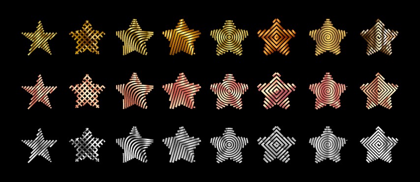  Realistic gold silver bronze stars vector set.