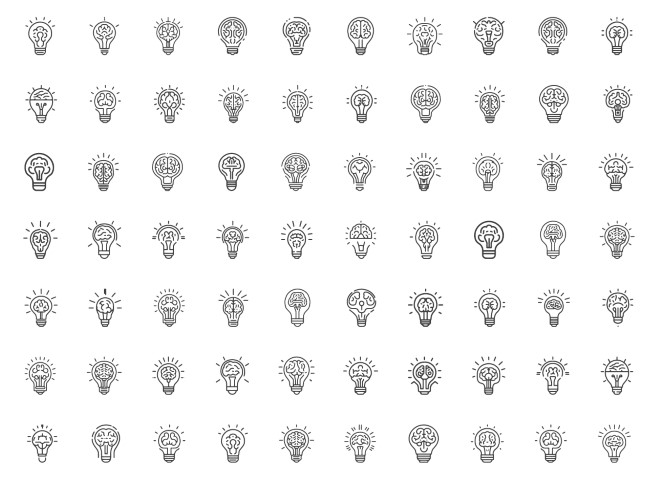 Brain in light bulb vector illustration. Creative idea flat line icons.