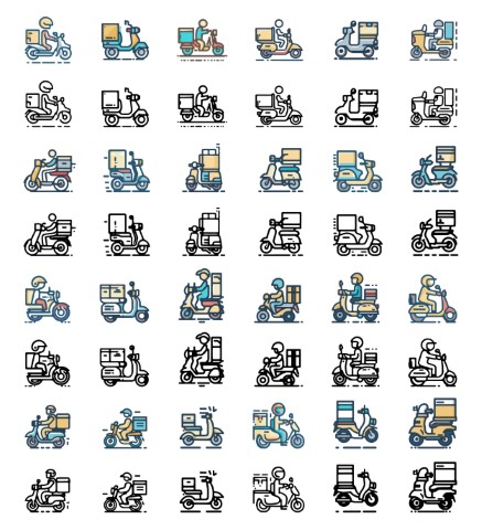 Motorcycle courier vector colored and flat gray color icons.