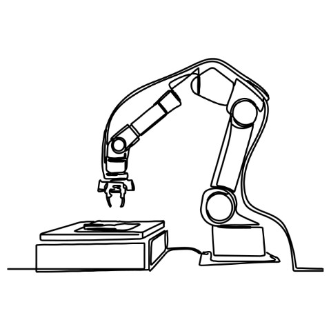 A minimalist drawing of a robotic arm isolated on a white background and drawn with a single continuous line.