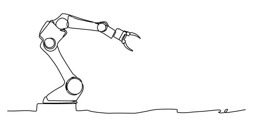 Created with single continuous lines of a robotic arm in a minimalist drawing style. Outline style drawing of a fashionable mechanical robot.