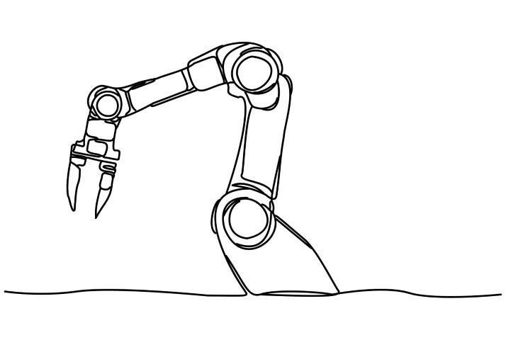 In a trendy outline style, the robotic arm is drawn in a minimalist way with line art isolated on a white background.