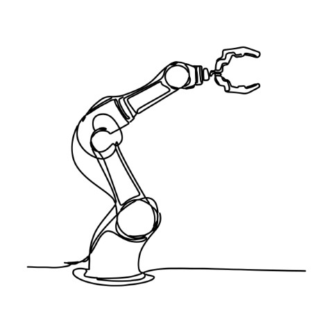 The robotic arm, an example of minimalist style, is designed as a line art drawn with a single continuous line, isolated on a white background.