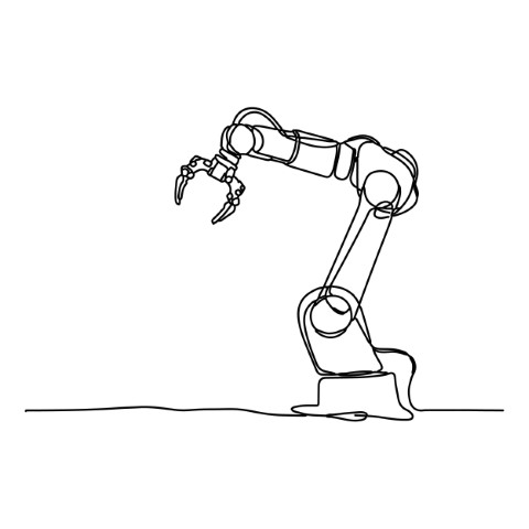 Minimalistic style robotic arm drawn with a single continuous line. This drawing is an outline style drawing of a trendy mechanical robot.