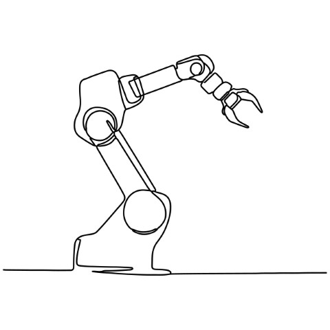 The mechanical robot is drawn in a minimalist style with a single continuous line isolated on a white background.
