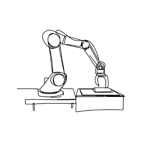 In minimalist drawing style, the robotic arm is designed with a single continuous line isolated on a white background.