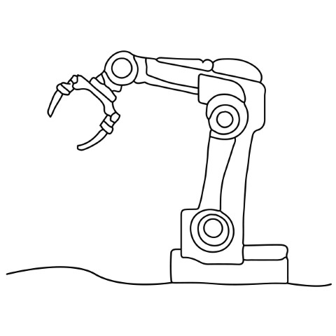 Line art isolated on white background, minimalist approach robotic arm drawn with a single continuous line.