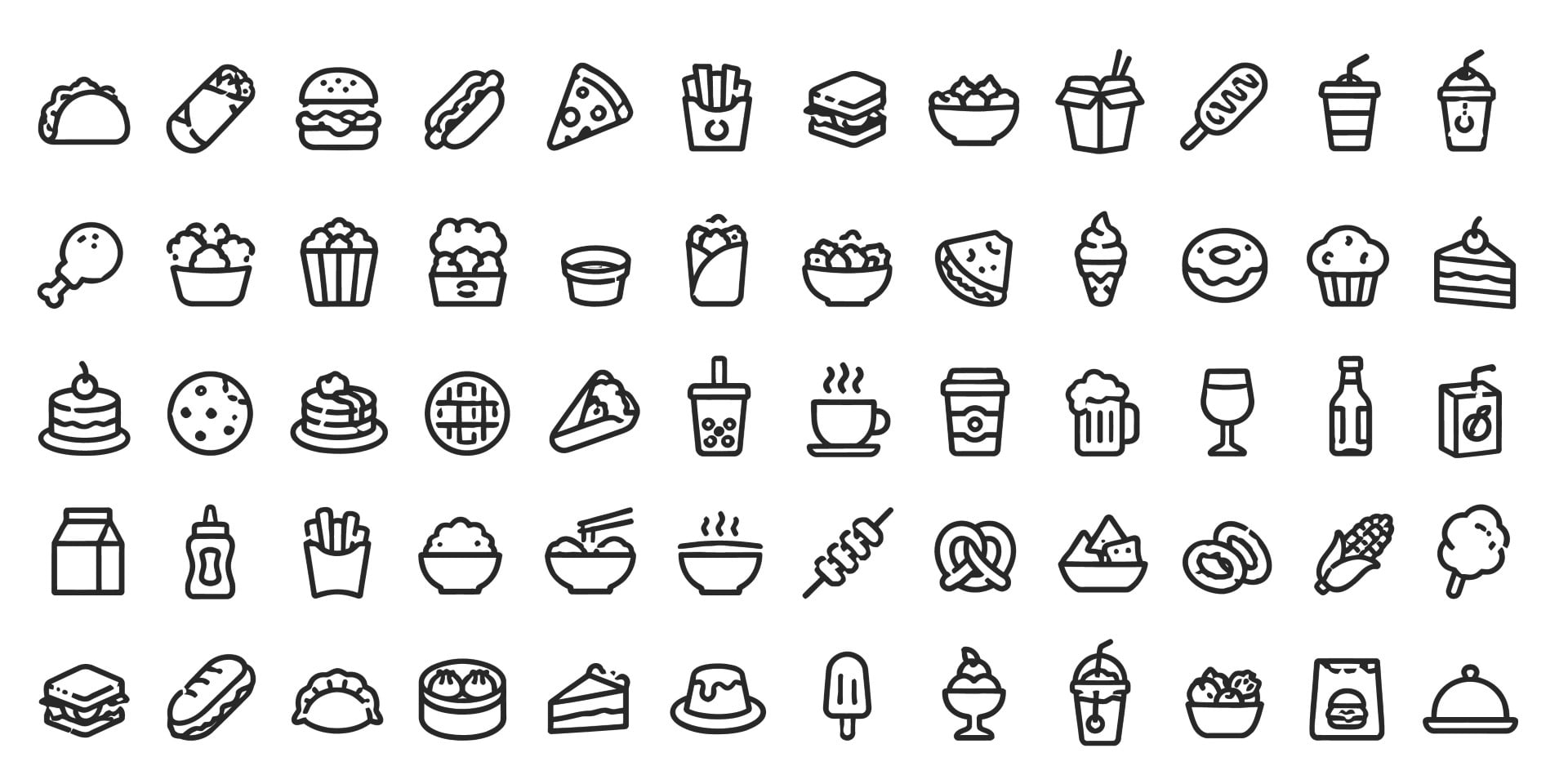 Fast food elements and delicious snacks icons set collection.