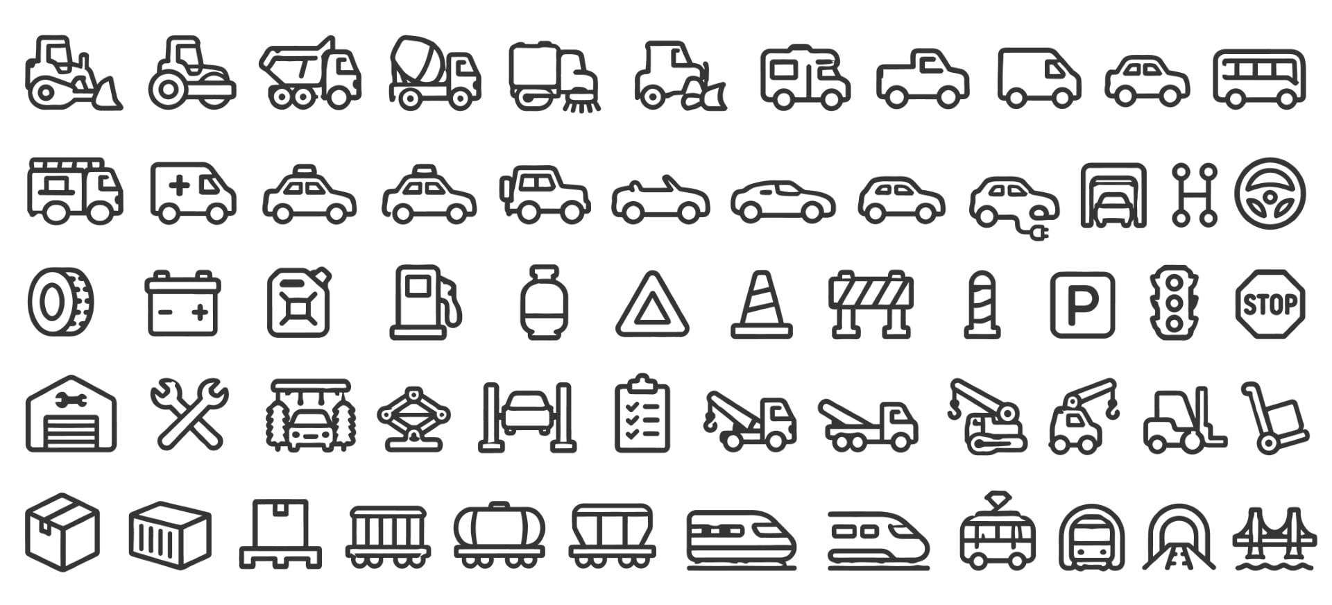 Automotive transport industrial machinery and car service icon collection.