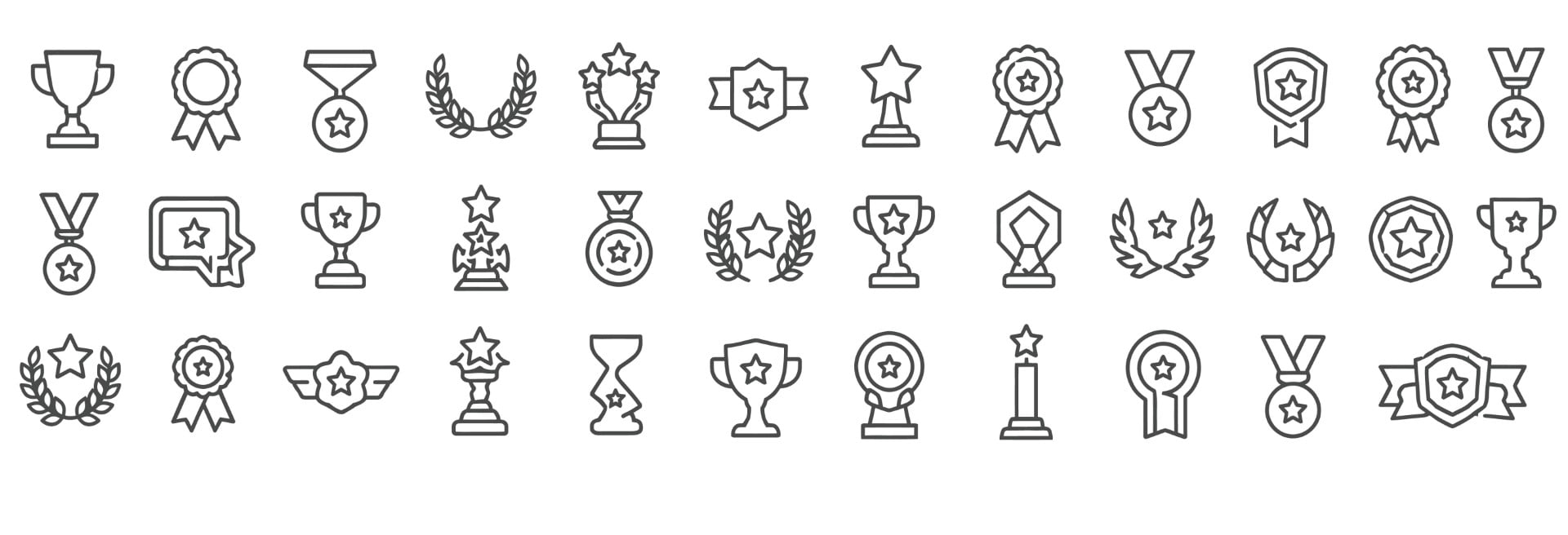 Trophy Medal and Award Recognition Outline Icon Set Collection.