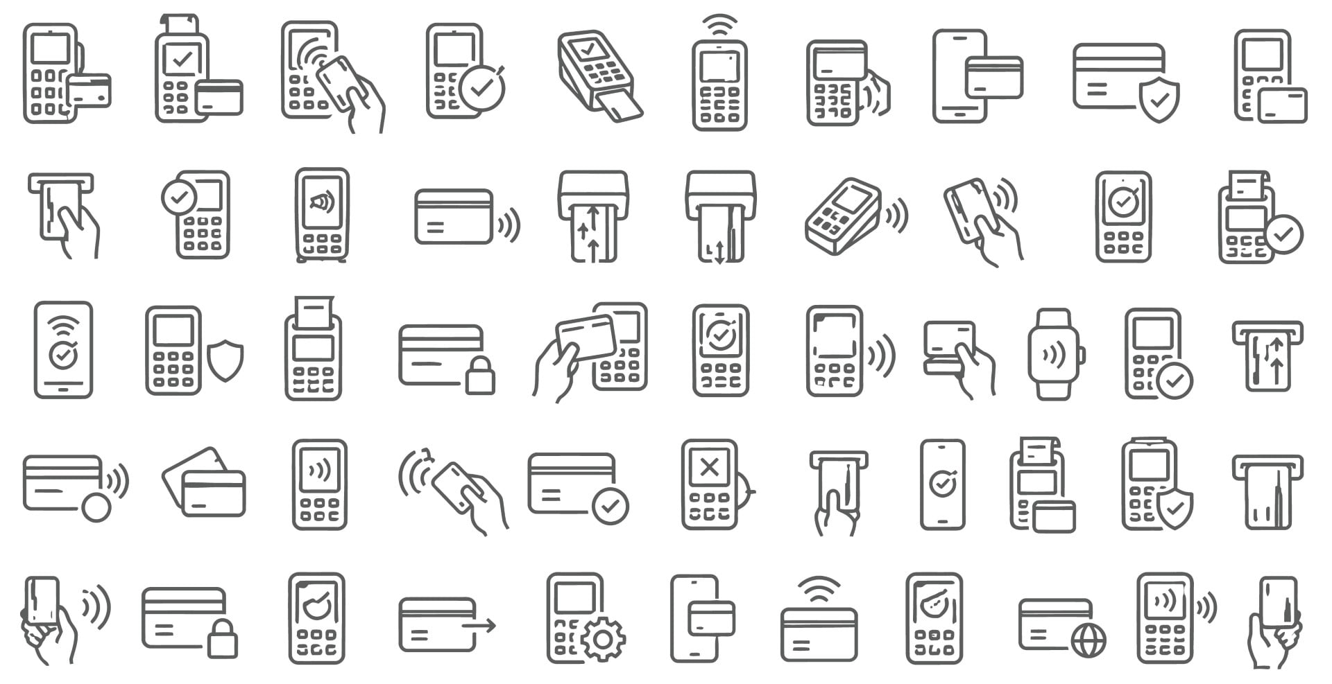 Pos terminal wireless payment credit card and banking icons set collection.