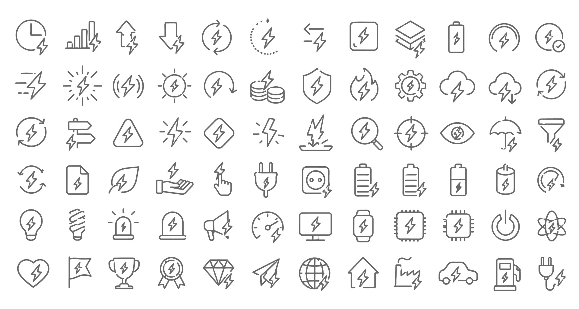 Flash lightning bolt electrical energy power hazard line icons set collection.