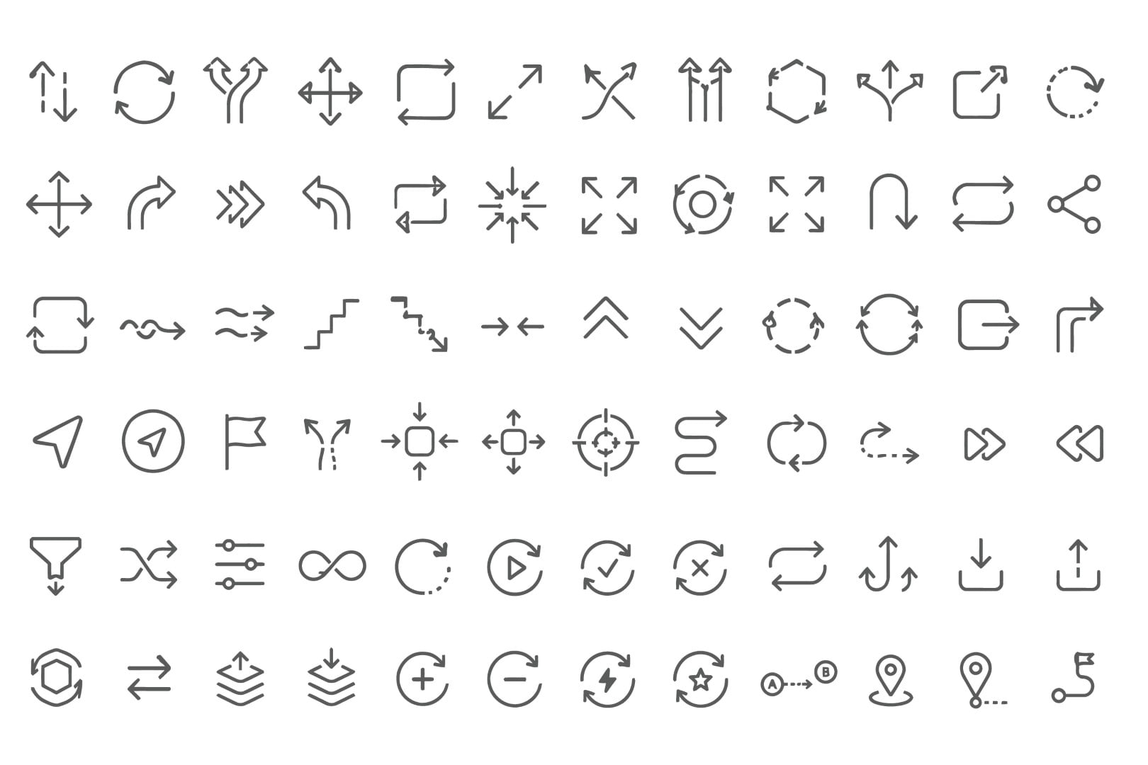 Navigation arrows direction pointers and movement interface outline icons set collection.