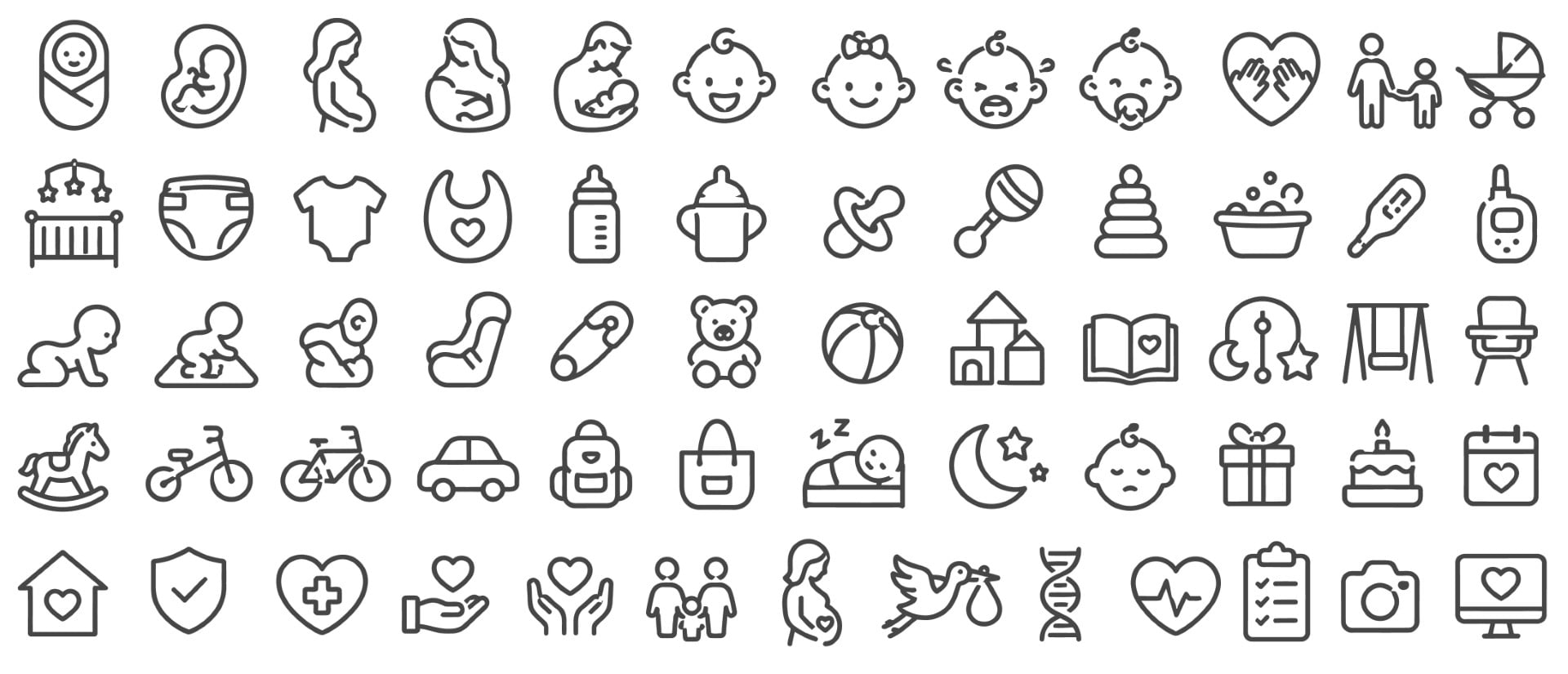 Line elements depicting childhood healthcare parenthood and maternity items in an icon web vector collection.