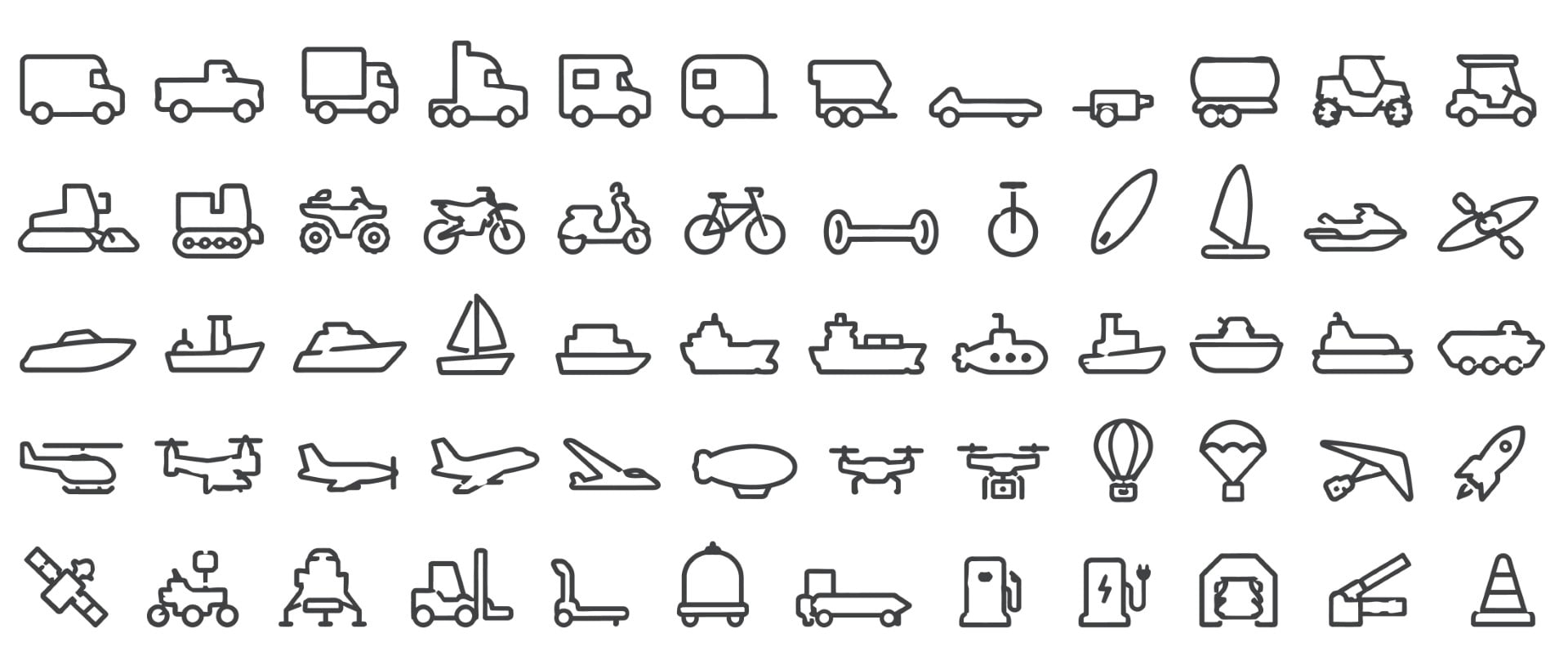 Ground maritime and aerial vehicles representing modern cargo and public transportation in an icon collection.
