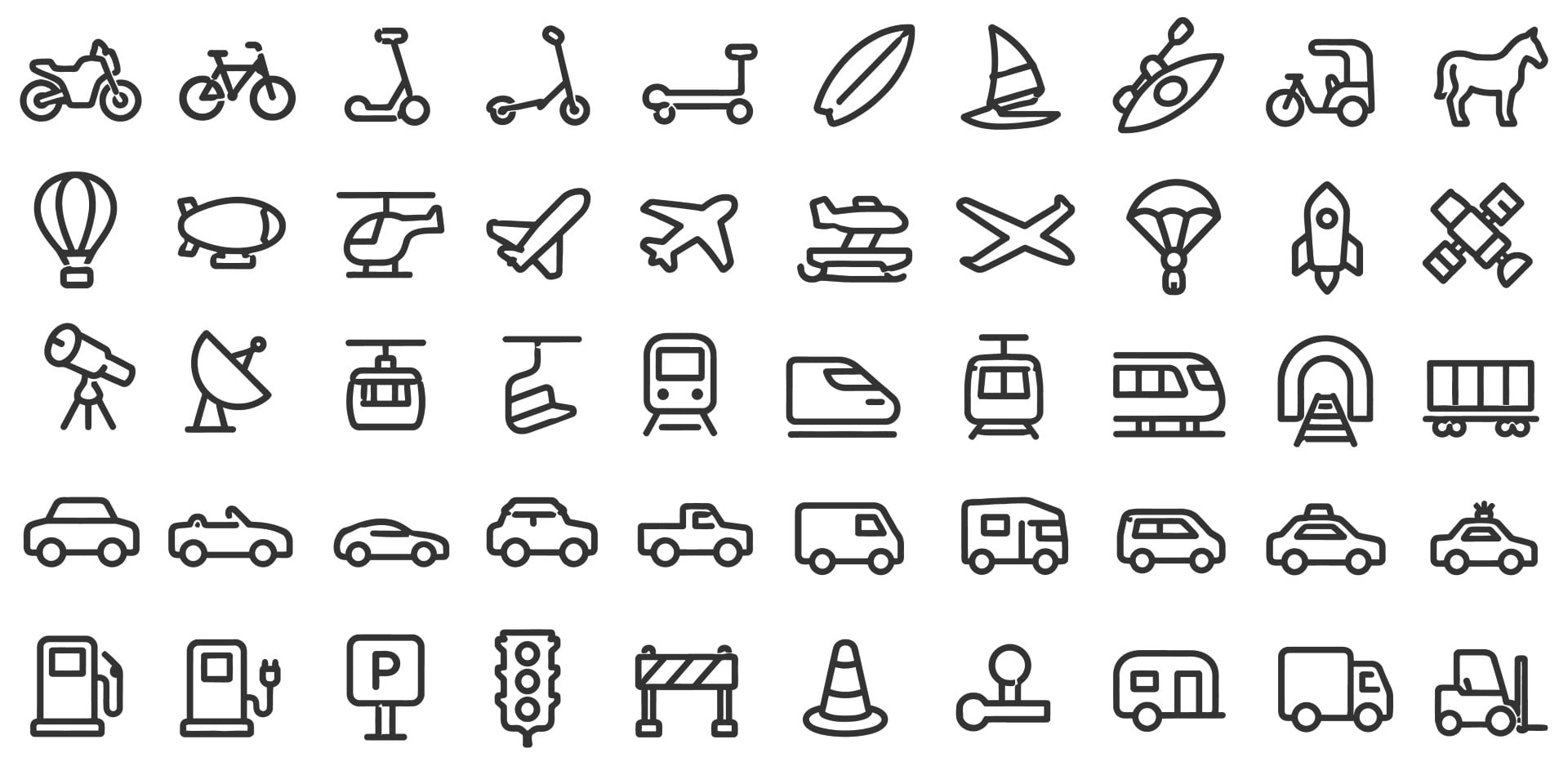 Land transit elements and urban road safety symbols arranged together inside a linear icons set collection.