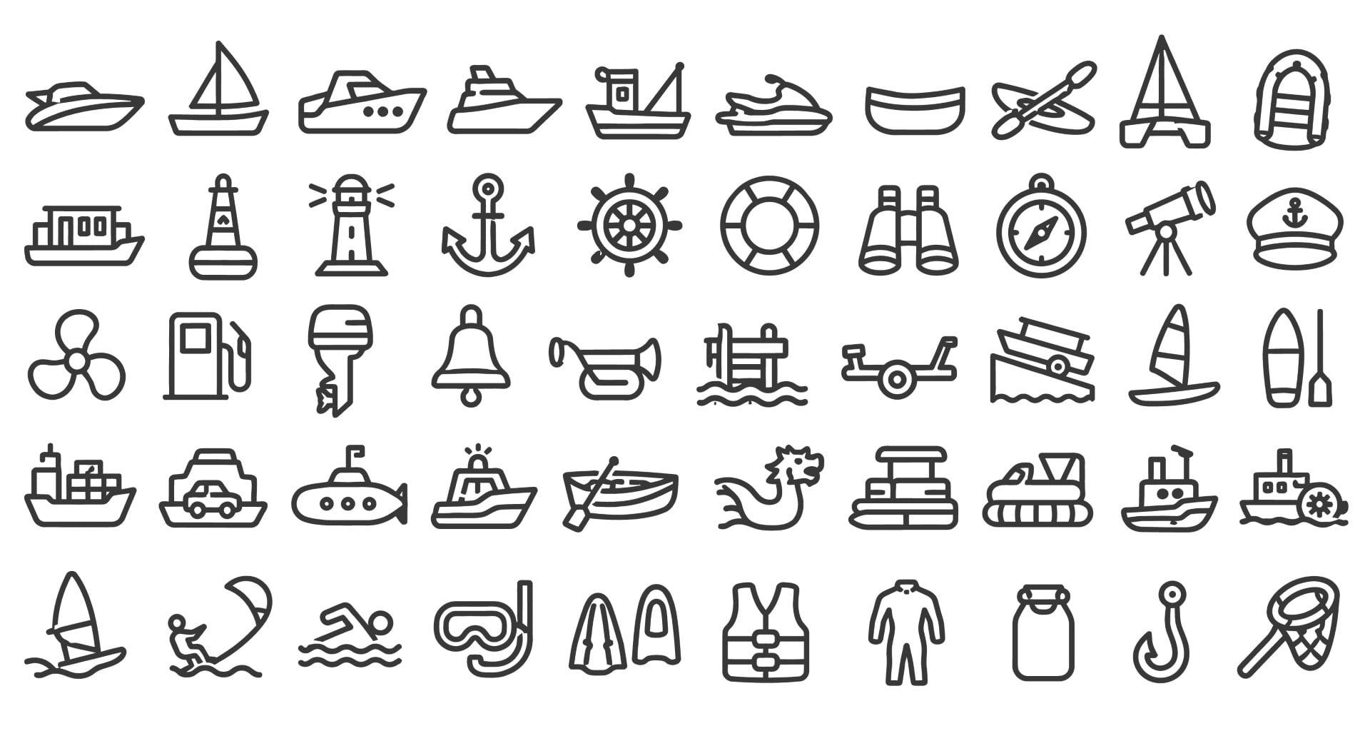 Nautical equipment marine vessels and water sport activity indicators in an icon web vector collection.