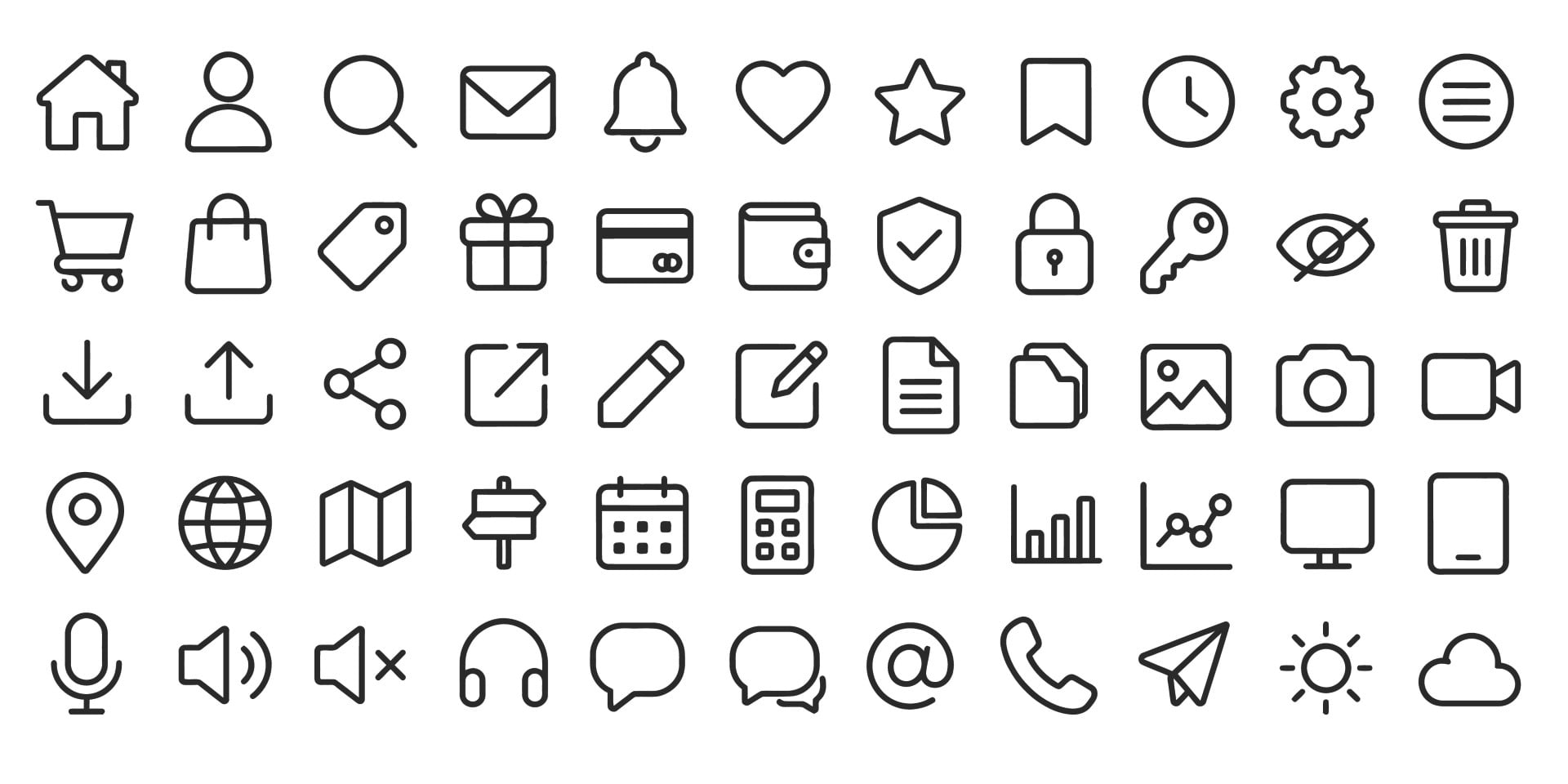Essential UI and General Purpose Outline Icon Set for Web and Mobile Apps.