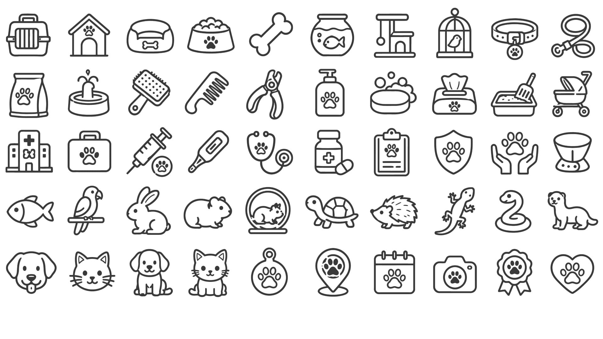 Domestic fauna varieties veterinary equipment and care supplies arranged inside a linear icons set collection.