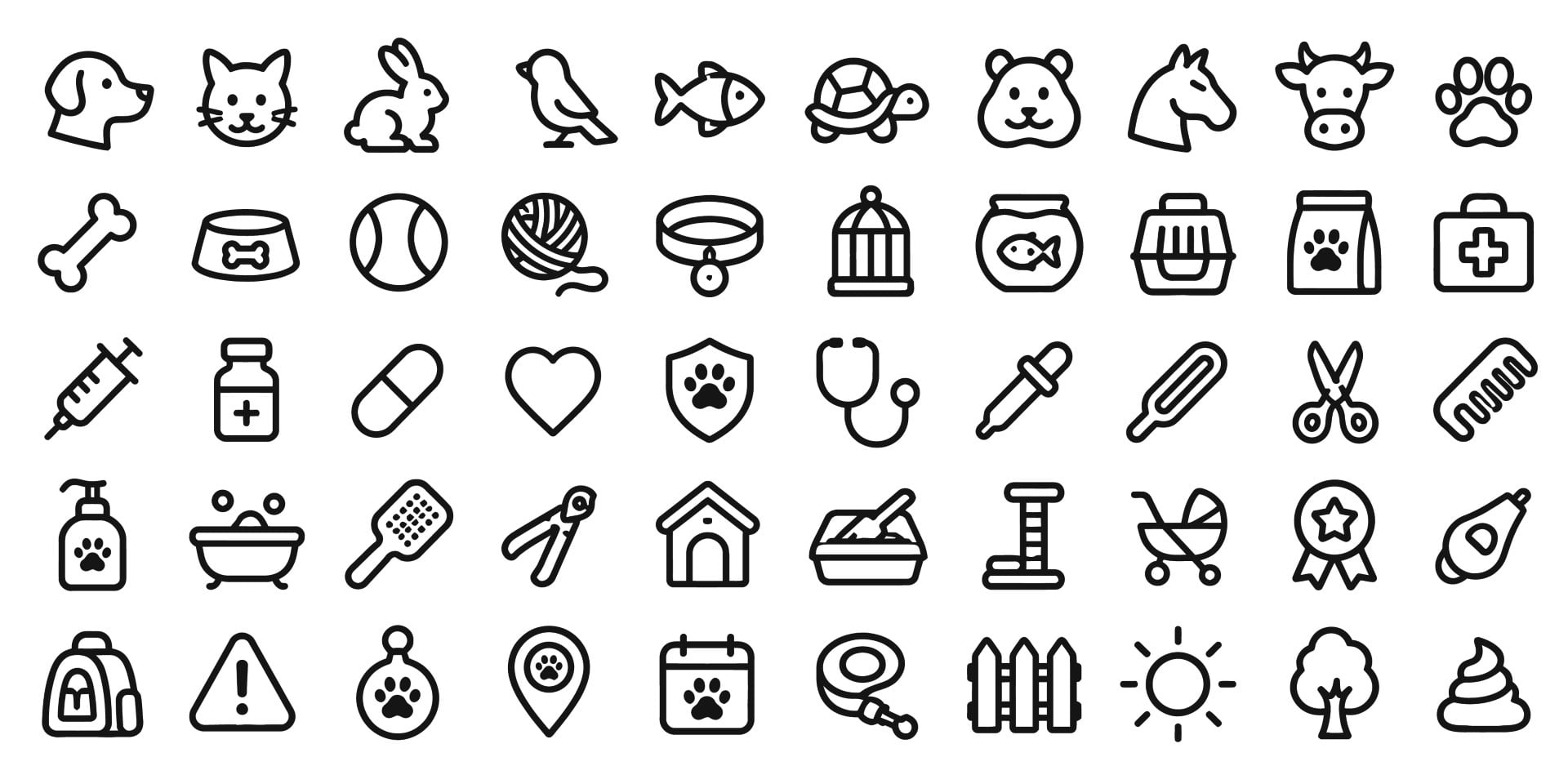 Pet grooming equipment animal health accessories and species silhouettes in an icon collection.