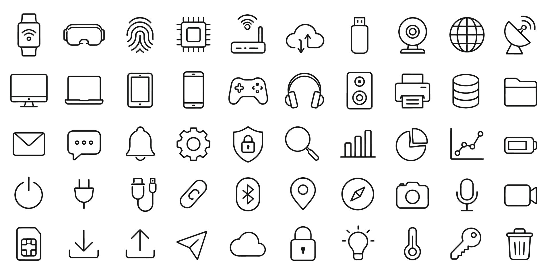 Electronic devices communication infrastructure and personal hardware in an icon web vector collection.