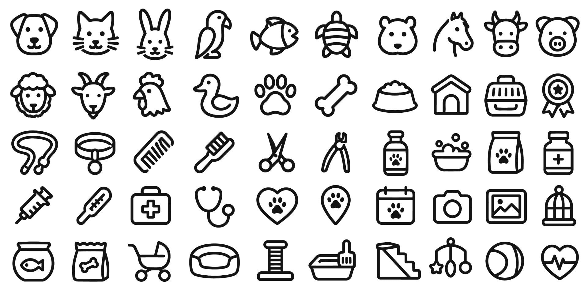Pet care and domestic animals outline icon set.