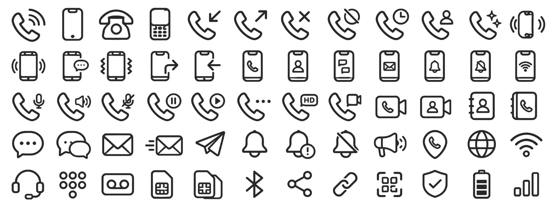 Phone Call and Mobile Communication Outline Icon Web Vector Collection.